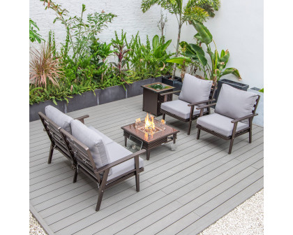 LeisureMod™ Walbrooke Modern Brown Patio Conversation With Square Fire Pit With Slats Design & Tank Holder - Gray