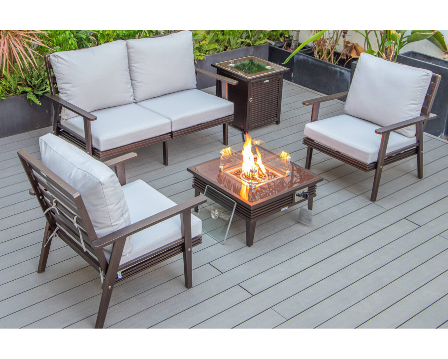 LeisureMod Walbrooke Modern Brown Patio Conversation With Square Fire Pit With Slats Design & Tank Holder - Light Gray