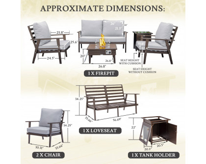 LeisureMod Walbrooke Modern Brown Patio Conversation With Square Fire Pit With Slats Design & Tank Holder - Light Gray