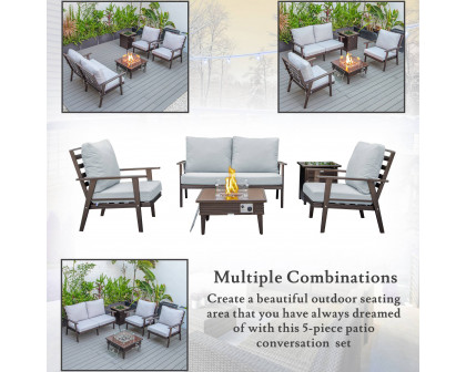 LeisureMod Walbrooke Modern Brown Patio Conversation With Square Fire Pit With Slats Design & Tank Holder - Light Gray