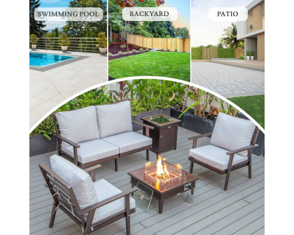 LeisureMod Walbrooke Modern Brown Patio Conversation With Square Fire Pit With Slats Design & Tank Holder - Light Gray