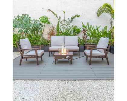 LeisureMod Walbrooke Modern Brown Patio Conversation With Square Fire Pit With Slats Design & Tank Holder - Light Gray