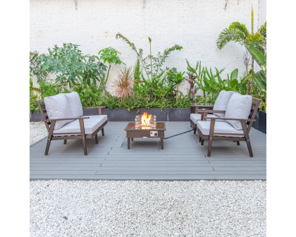 LeisureMod Walbrooke Modern Brown Patio Conversation With Square Fire Pit With Slats Design & Tank Holder - Light Gray