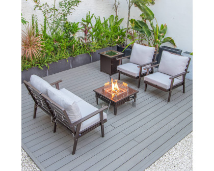 LeisureMod Walbrooke Modern Brown Patio Conversation With Square Fire Pit With Slats Design & Tank Holder - Light Gray