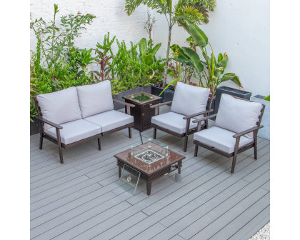 LeisureMod Walbrooke Modern Brown Patio Conversation With Square Fire Pit With Slats Design & Tank Holder - Light Gray