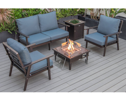 LeisureMod Walbrooke Modern Black Patio Conversation With Square Fire Pit With Slats Design & Tank Holder