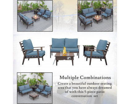 LeisureMod Walbrooke Modern Brown Patio Conversation With Square Fire Pit With Slats Design & Tank Holder - Navy Blue