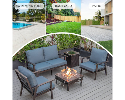 LeisureMod Walbrooke Modern Brown Patio Conversation With Square Fire Pit With Slats Design & Tank Holder - Navy Blue