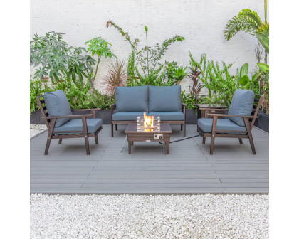 LeisureMod Walbrooke Modern Brown Patio Conversation With Square Fire Pit With Slats Design & Tank Holder - Navy Blue