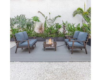 LeisureMod Walbrooke Modern Brown Patio Conversation With Square Fire Pit With Slats Design & Tank Holder - Navy Blue