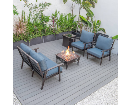 LeisureMod Walbrooke Modern Brown Patio Conversation With Square Fire Pit With Slats Design & Tank Holder - Navy Blue