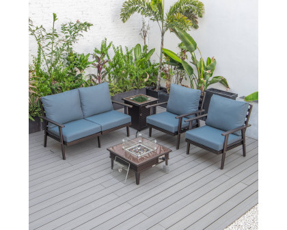 LeisureMod Walbrooke Modern Brown Patio Conversation With Square Fire Pit With Slats Design & Tank Holder - Navy Blue