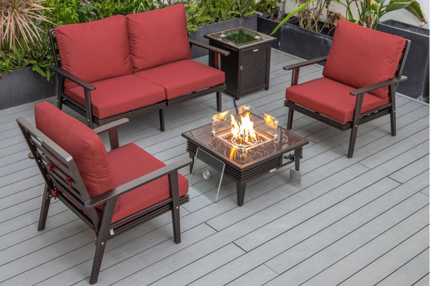 LeisureMod™ Walbrooke Modern Brown Patio Conversation With Square Fire Pit With Slats Design & Tank Holder - Red