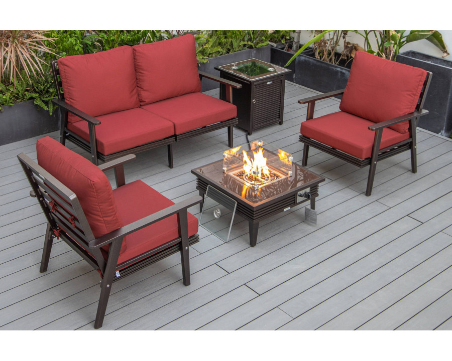 LeisureMod Walbrooke Modern Black Patio Conversation With Square Fire Pit With Slats Design & Tank Holder