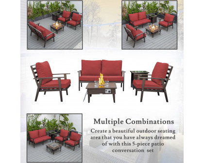 LeisureMod™ Walbrooke Modern Brown Patio Conversation With Square Fire Pit With Slats Design & Tank Holder - Red