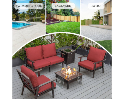 LeisureMod™ Walbrooke Modern Brown Patio Conversation With Square Fire Pit With Slats Design & Tank Holder - Red