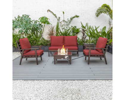 LeisureMod™ Walbrooke Modern Brown Patio Conversation With Square Fire Pit With Slats Design & Tank Holder - Red