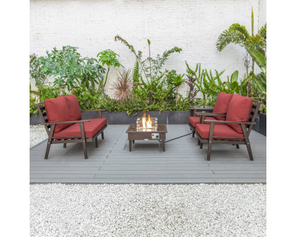 LeisureMod™ Walbrooke Modern Brown Patio Conversation With Square Fire Pit With Slats Design & Tank Holder - Red