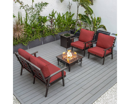 LeisureMod™ Walbrooke Modern Brown Patio Conversation With Square Fire Pit With Slats Design & Tank Holder - Red