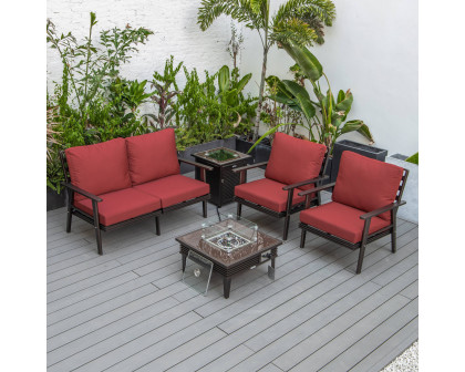 LeisureMod™ Walbrooke Modern Brown Patio Conversation With Square Fire Pit With Slats Design & Tank Holder - Red