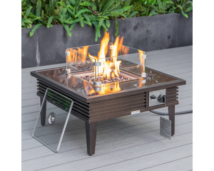 LeisureMod™ Walbrooke Modern Brown Patio Conversation With Square Fire Pit With Slats Design & Tank Holder - Red