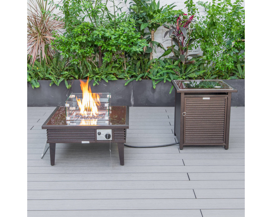 LeisureMod Walbrooke Outdoor Patio Square Fire Pit and Tank Holder with Slats Design - Brown