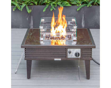 LeisureMod Walbrooke Modern Outdoor Square Fire Pit Table with Powder-Coated Aluminum Frame and Slats Design - Brown