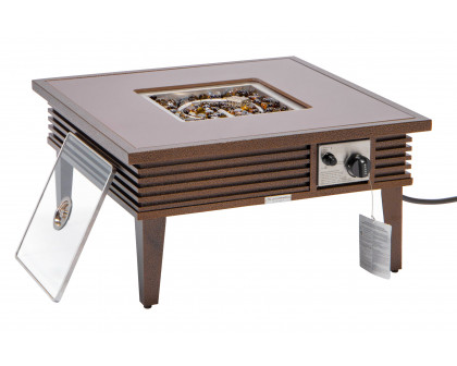 LeisureMod Walbrooke Modern Outdoor Square Fire Pit Table with Powder-Coated Aluminum Frame and Slats Design - Brown