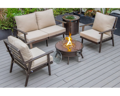 LeisureMod Walbrooke Modern Black Patio Conversation With Round Fire Pit With Slats Design & Tank Holder