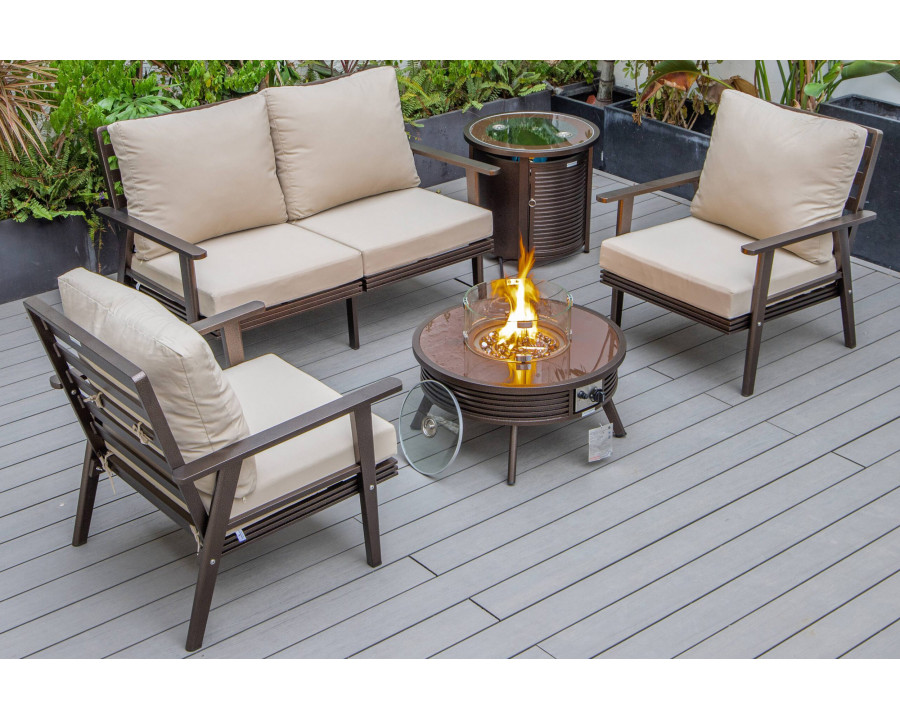 LeisureMod Walbrooke Modern Brown Patio Conversation With Round Fire Pit With Slats Design & Tank Holder - Beige