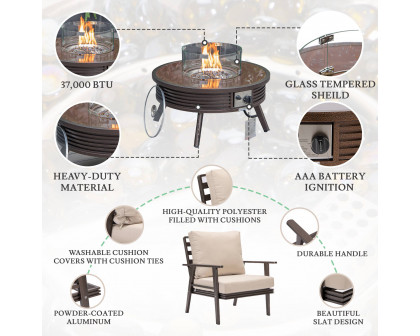 LeisureMod Walbrooke Modern Brown Patio Conversation With Round Fire Pit With Slats Design & Tank Holder - Beige