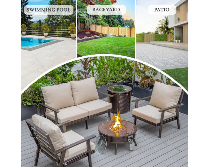 LeisureMod Walbrooke Modern Brown Patio Conversation With Round Fire Pit With Slats Design & Tank Holder - Beige