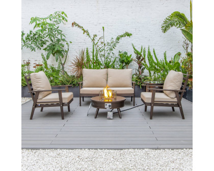 LeisureMod Walbrooke Modern Brown Patio Conversation With Round Fire Pit With Slats Design & Tank Holder - Beige