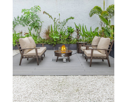 LeisureMod Walbrooke Modern Brown Patio Conversation With Round Fire Pit With Slats Design & Tank Holder - Beige