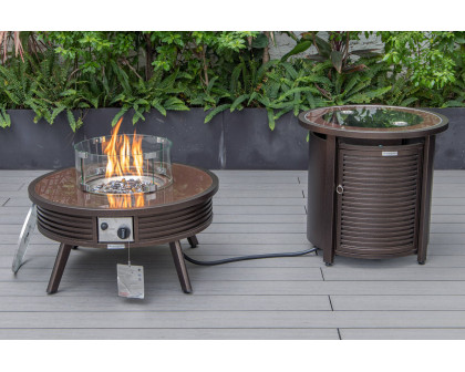 LeisureMod Walbrooke Modern Brown Patio Conversation With Round Fire Pit With Slats Design & Tank Holder - Beige