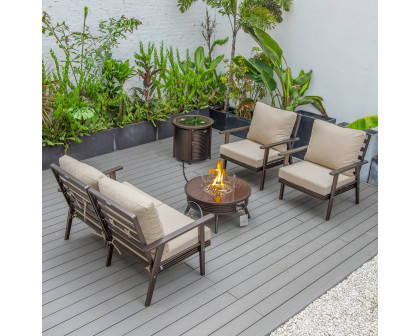 LeisureMod Walbrooke Modern Brown Patio Conversation With Round Fire Pit With Slats Design & Tank Holder - Beige