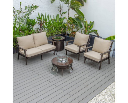 LeisureMod Walbrooke Modern Brown Patio Conversation With Round Fire Pit With Slats Design & Tank Holder - Beige