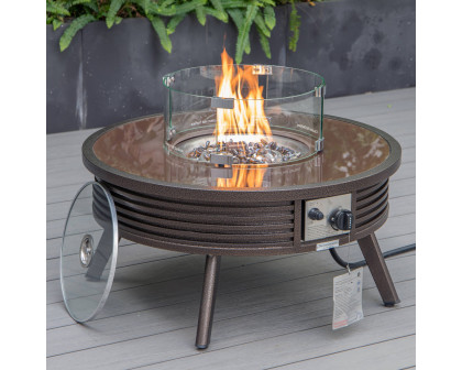 LeisureMod Walbrooke Modern Brown Patio Conversation With Round Fire Pit With Slats Design & Tank Holder - Beige