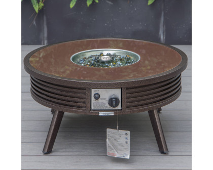 LeisureMod Walbrooke Modern Brown Patio Conversation With Round Fire Pit With Slats Design & Tank Holder - Beige