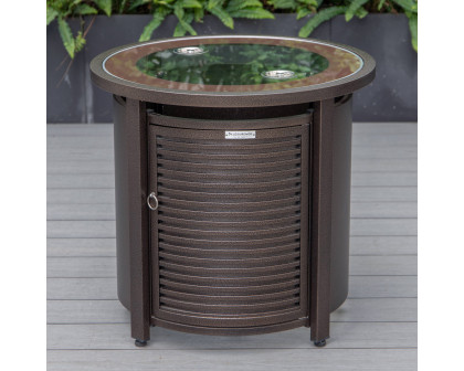 LeisureMod Walbrooke Modern Brown Patio Conversation With Round Fire Pit With Slats Design & Tank Holder - Beige