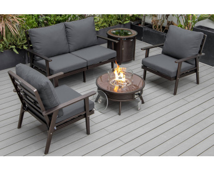 LeisureMod Walbrooke Modern Black Patio Conversation With Round Fire Pit With Slats Design & Tank Holder