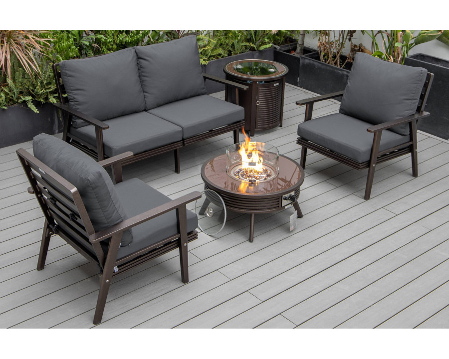 LeisureMod Walbrooke Modern Brown Patio Conversation With Round Fire Pit With Slats Design & Tank Holder - Charcoal