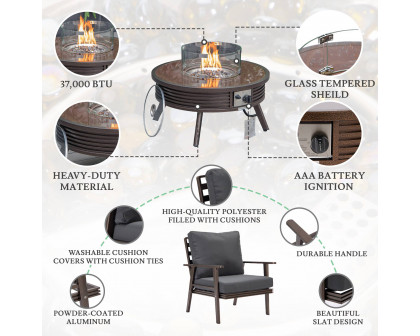 LeisureMod Walbrooke Modern Brown Patio Conversation With Round Fire Pit With Slats Design & Tank Holder - Charcoal