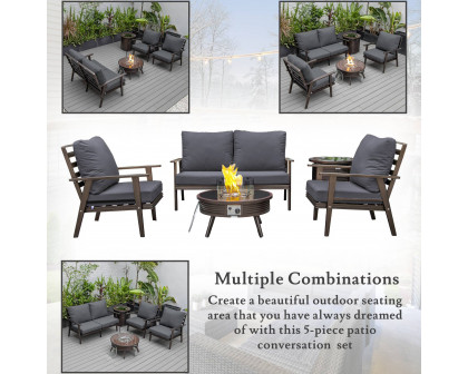 LeisureMod Walbrooke Modern Brown Patio Conversation With Round Fire Pit With Slats Design & Tank Holder - Charcoal