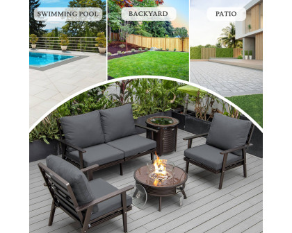 LeisureMod Walbrooke Modern Brown Patio Conversation With Round Fire Pit With Slats Design & Tank Holder - Charcoal