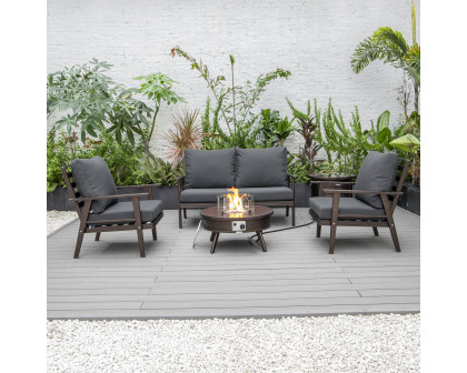 LeisureMod Walbrooke Modern Brown Patio Conversation With Round Fire Pit With Slats Design & Tank Holder - Charcoal