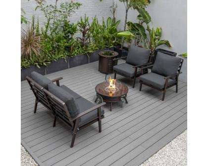 LeisureMod Walbrooke Modern Brown Patio Conversation With Round Fire Pit With Slats Design & Tank Holder - Charcoal