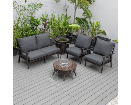 LeisureMod Walbrooke Modern Brown Patio Conversation With Round Fire Pit With Slats Design & Tank Holder - Charcoal