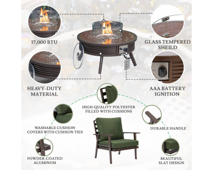 LeisureMod Walbrooke Modern Brown Patio Conversation With Round Fire Pit With Slats Design & Tank Holder - Green