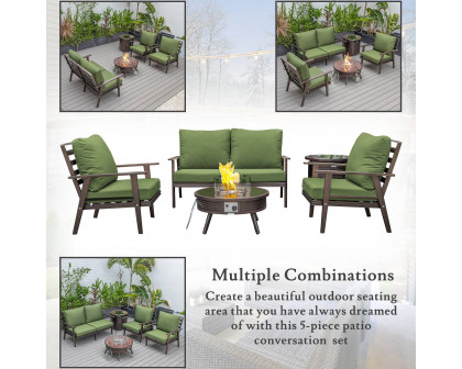 LeisureMod Walbrooke Modern Brown Patio Conversation With Round Fire Pit With Slats Design & Tank Holder - Green